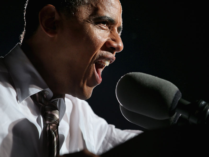 CLEVELAND, OH - OCTOBER 25:  U.S. President Barack Obama addresses a campaign rally at the Cleveland Burke Lakefront Airport October 25, 2012 in Cleveland, Ohio. With less than two weeks to go before Election Day, Obama and his GOP opponent, former...