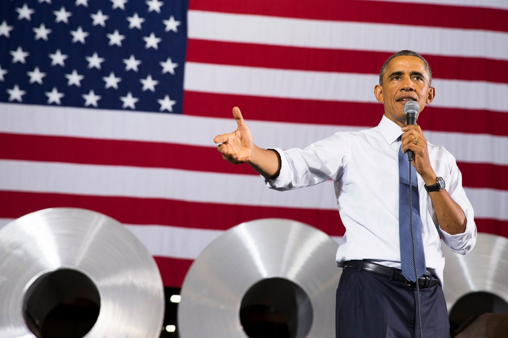 President Barack Obama speaks at Millennium Steel Service in Princeton, Ind., Oct. 3, 2014, to discuss the economy as part of Manufacturing Day.