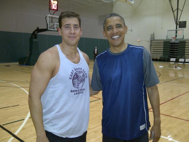 President Obama (right) with former Illinois state treasurer Alexi Giannoulias, who he played basketball with on Election Day. (Courtesy Alexi Giannoulias)