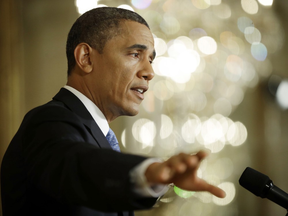 President Barack Obama gestures as he answers questions from members of the media during a news conference in the East Room of the White House in Washington, Monday, Jan. 14, 2013.  (Photo by Pablo Martinez Monsivais/AP Photo)