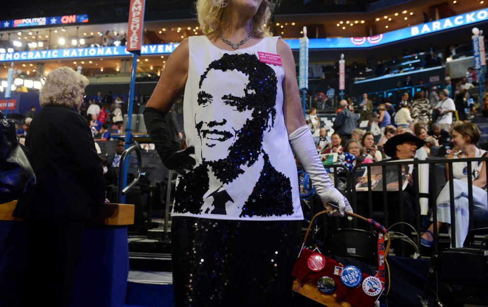 Kelly Jacobs from Mississippi wears a shirt depicting President Barack Obama at the Democratic National Convention in Charlotte, North Carolina, Sept. 4.