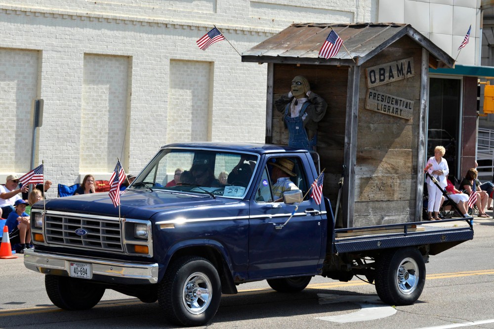 A float with the words "Obama Presidential Library" is seen during the Fourth of July parade in downtown Norfolk, Neb. July 4, 2014.