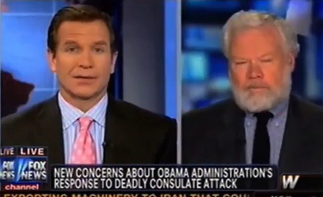 Fox News anchor Jon Scott, left and journalist Thomas Ricks, right, on Monday.