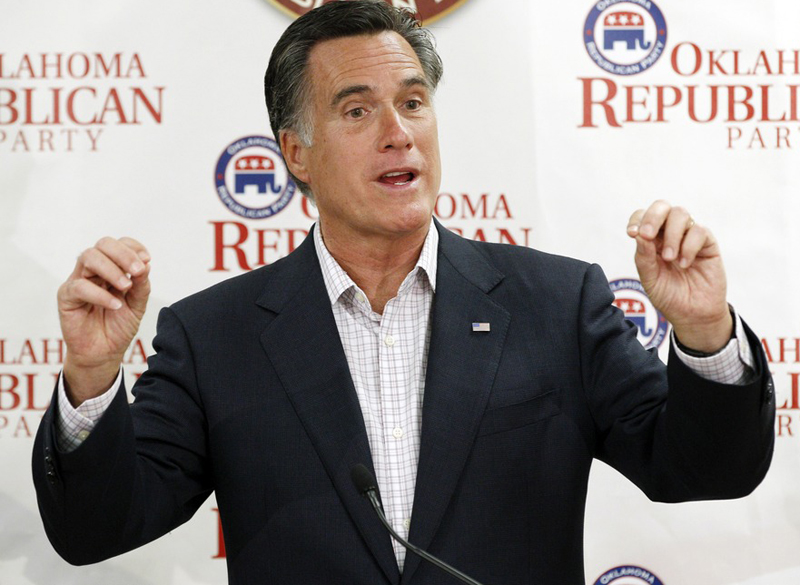 Former Massachusetts Gov. Mitt Romney, gestures as he speaks to supporters at Oklahoma state Republican Party Headquarters in Oklahoma City, May 9, where he repeated his view that marriage should be restricted to one man and one woman. (Photo: Sue...