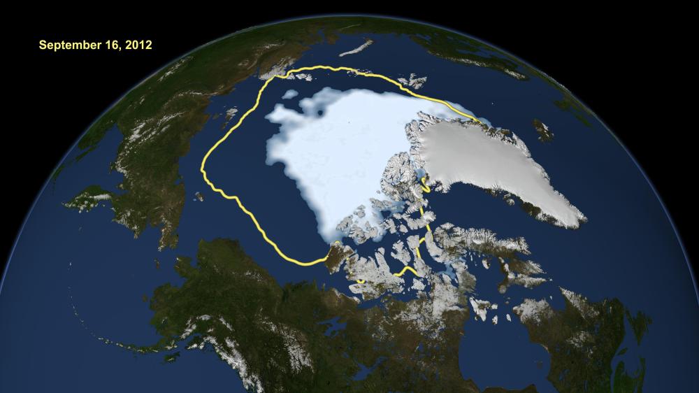 NASA satellite data compares the average minimum extent to which the Arctic sea ice has shrunk over the past 30 years (in yellow) to where the ice had retreated to by September 16, 2012.