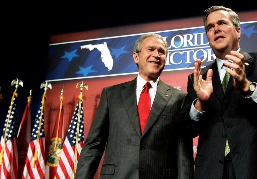 Then-US President George W. Bush is introduced by his brother, Florida Governor Jeb Bush, at a fundraiser in Orlando, Fl. Feb. 17, 2006. (Photo by Jason Reed/Reuters)