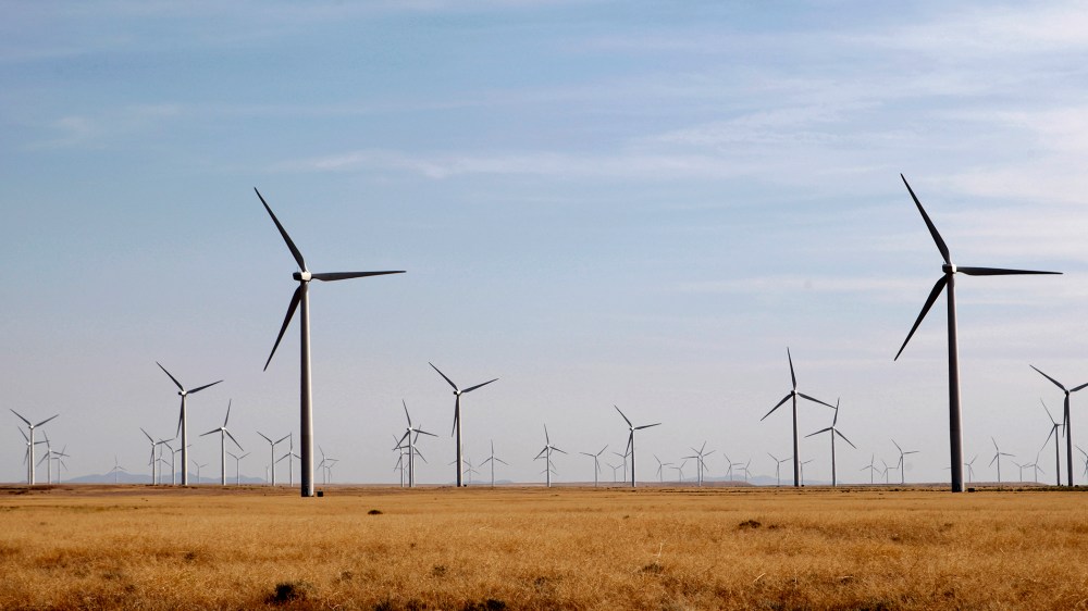 Wind turbines operate at a wind farm near Milford, Utah