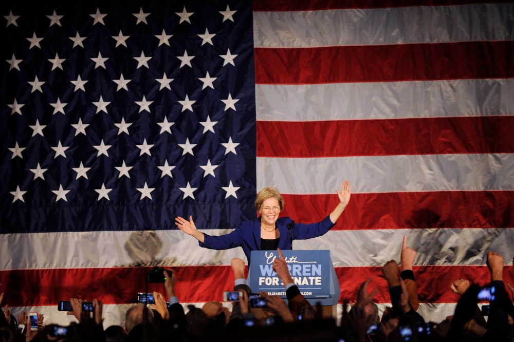 Democratic candidate for the U.S. Senate seat for Massachusetts Elizabeth Warren addresses supporters during her victory rally in Boston