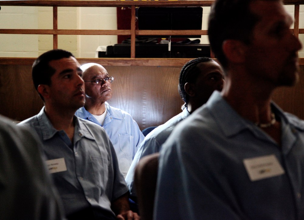 Inmates in the Last Mile program at San Quentin State Prison prepare to present their startup ideas in San Quentin