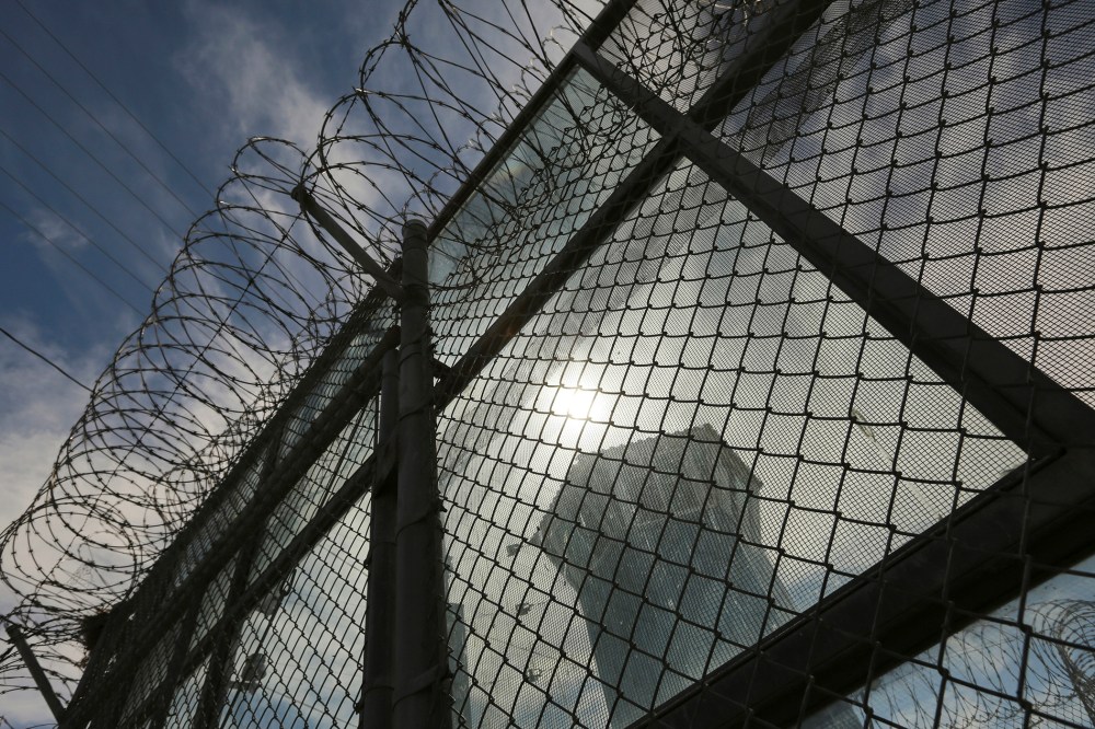 A guard tower is shown at Corcoran State Prison in California