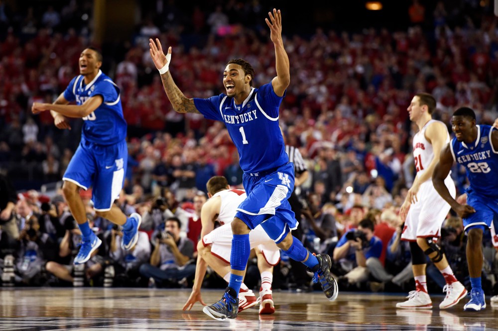 Kentucky Wildcats guard/forward James Young (1) celebrates after defeating the Wisconsin Badgers in the semifinals of the Final Four in the 2014 NCAA Mens Division I Championship tournament, April 5, 2014, in Arlington, Texas.