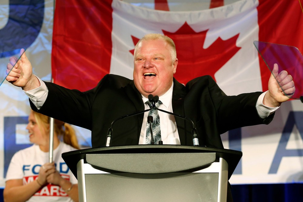 Toronto Mayor Rob Ford reacts on the podium during his campaign launch party in Toronto, Canada, April 17, 2014.