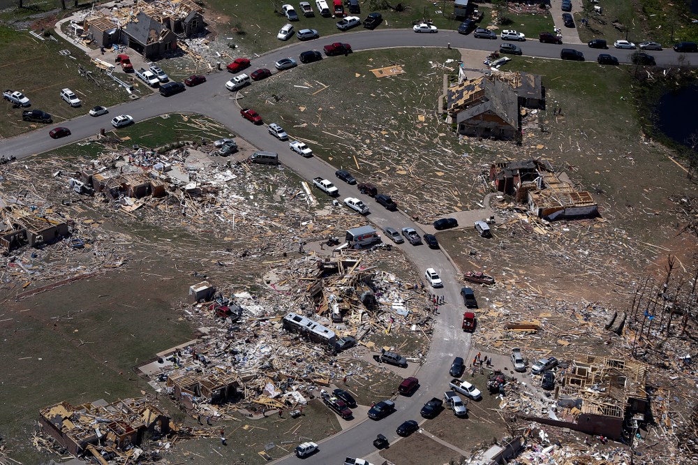 A residential neighborhood is seen destroyed by tornado in aerial photograph taken near Vilonia, Arkansas