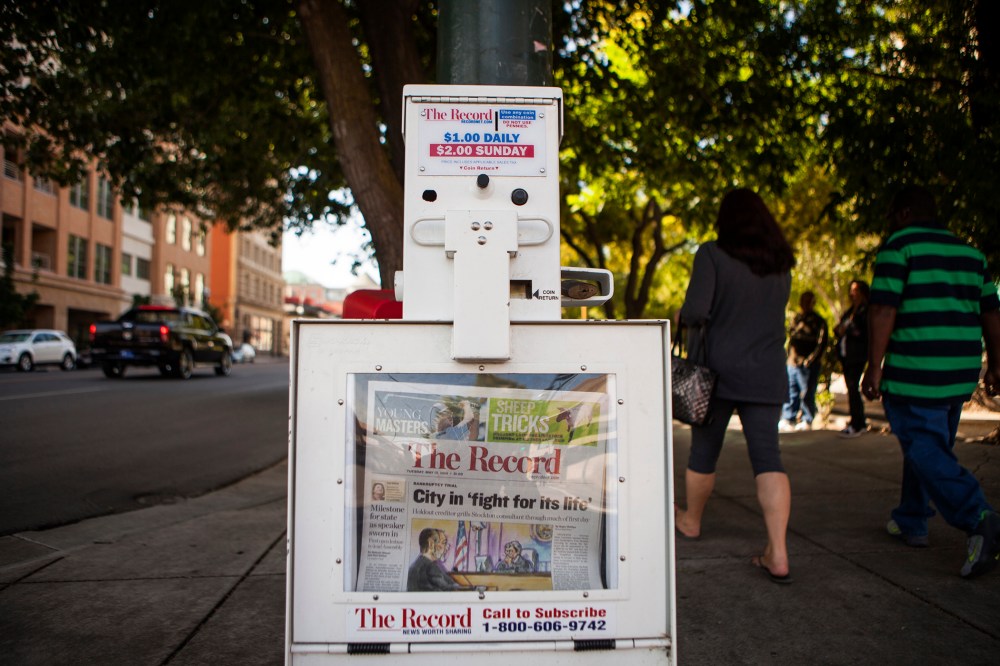 The Stockton Record newspaper in a downtown newsstand on May 13, 2014. (Photo by Max Whittaker/Reuters)