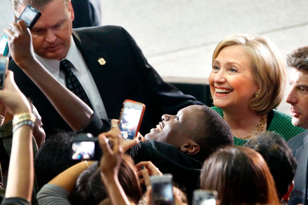 Former U.S. Secretary of State Hillary Clinton greets supporters after a campaign rally for Maryland Lieutenant Governor Anthony Brown in Maryland
