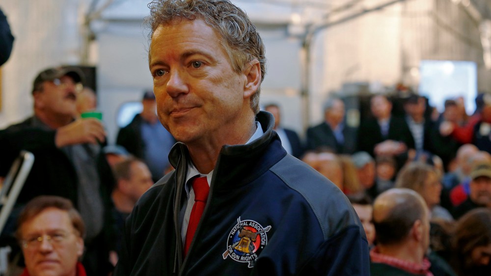 US Senator Rand Paul (R-KY), a 2016 Republican White House hopeful, listens to members and their guests at the Londonderry Fish and Game Club in Litchfield, NH, Jan. 14, 2015. (Photo by Brian Snyder/Reuters)
