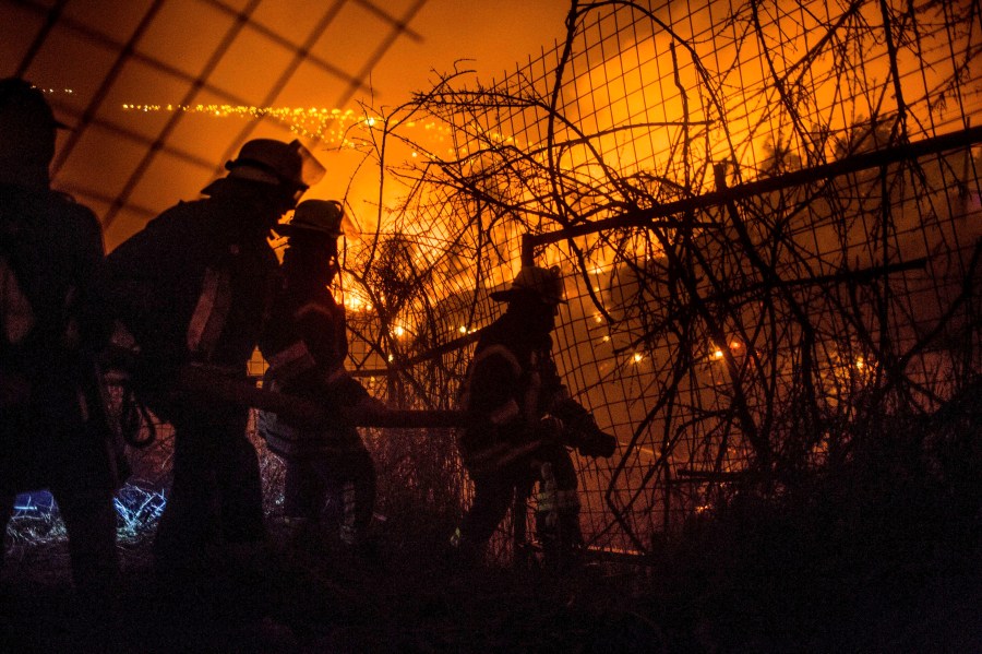 Firefighters work to put out a forest fire in the hills of the port city of Valparaiso, Chile, March 14, 2015. Thousands of people were evacuated from around Valparaiso on Friday as a forest fire raged out of control. (Photo by Pablo Sanhueza/Reuters)
