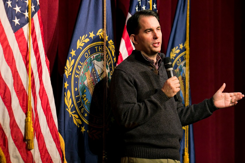 Governor Scott Walker (R-WS) speaks to Republican organizing meeting in Concord, N.H., March 14, 2015. (Photo by Dominick Reuter/Reuters)