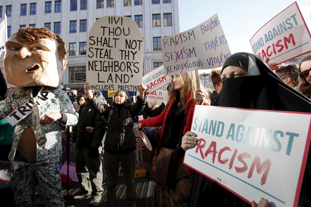 Anti-Trump protesters rally outside during the American-Israeli Public Affairs Committee (AIPAC) Conference at the Verizon Center in Washington, March 21, 2016. (Photo by Yuri Gripas/Reuters)
