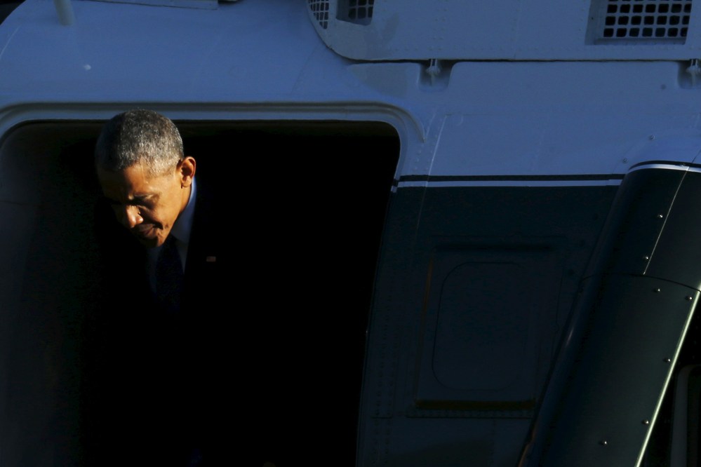 U.S. President Barack Obama returns via Marine One helicopter, after a day trip to Atlanta, at the White House in Washington, March 29, 2016. (Photo by Jonathan Ernst/Reuters)