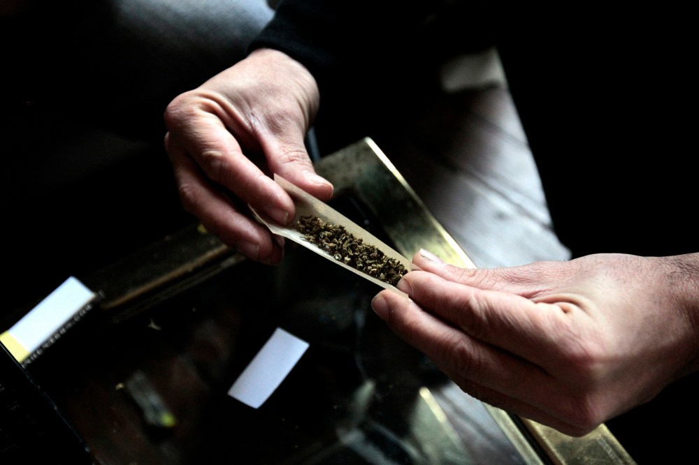 A man rolls a cannabis cigar.