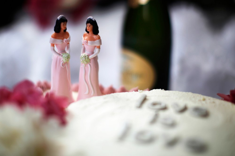 A wedding cake is seen at a reception for same-sex couples in West Hollywood, Calif., July 1, 2013.