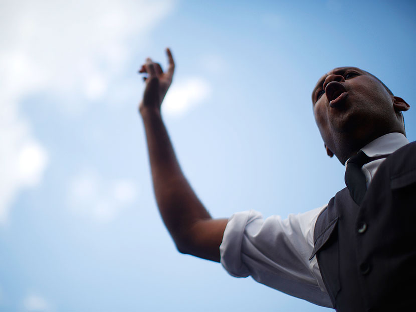 A man speaks at a rally in reaction to a not guilty verdict for George Zimmerman in New York July 14, 2013. (Photo by Eric Thayer/Reuters)