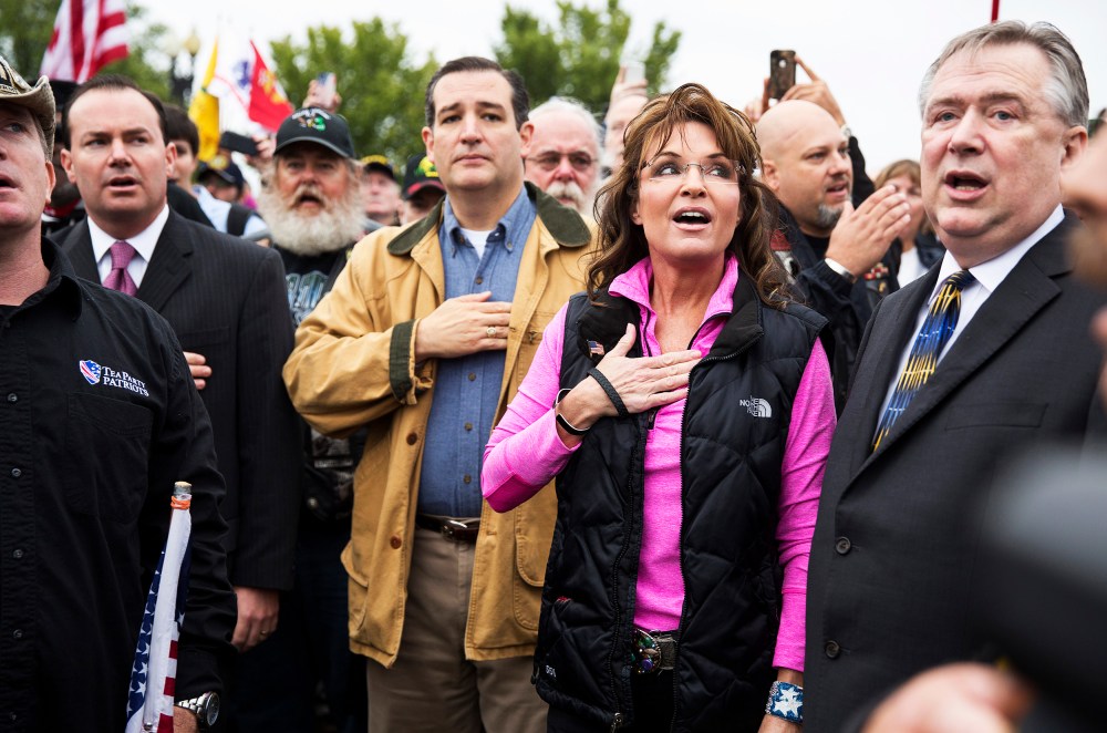Former Alaska Governor Sarah Palin speaks at the "Million Vet March on the Memorials" at the U.S. National World War II Memorial in Washington October 13, 2013.