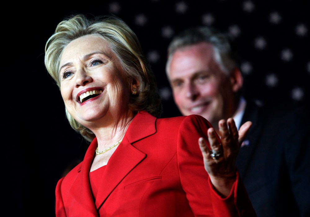 Former U.S. Secretary of State Hillary Clinton speaks at an event to endorse Virginia gubernatorial candidate and former DNC chairman Terry McAuliffe (R)