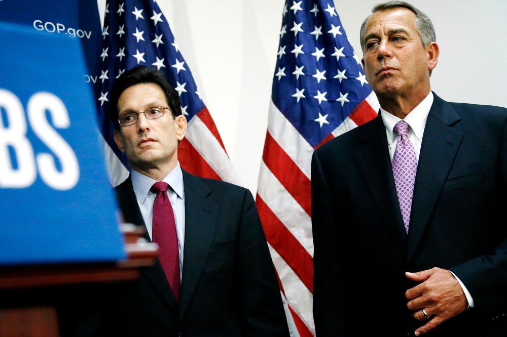 House Majority Leader Eric Cantor (R-VA) (L) stands with House Speaker John Boehner (R-OH) at a news conference, Jan. 14, 2014 in Washington.