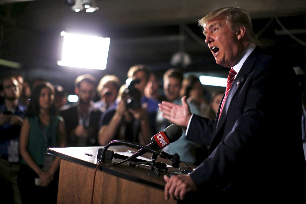 U.S. Republican presidential candidate Donald Trump speaks at a news conference at the Family Leadership Summit in Ames, Iowa, United States, July 18, 2015. (Photo by Jim Young/Reuters)