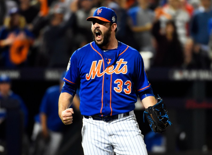 New York Mets starting pitcher Matt Harvey (33) reacts after striking out the side in the fourth inning in game five of the World Series against the Kansas City Royals at Citi Field. (Photo by Robert Deutsch/USA TODAY Sports/Reuters)