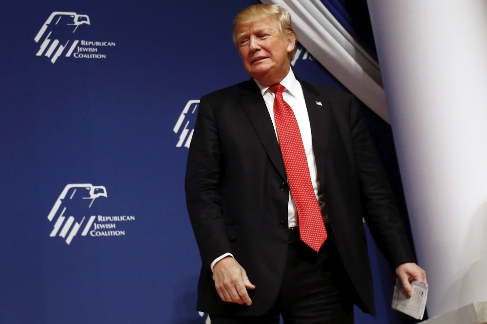 Republican presidential candidate Donald Trump arrives at the Republican Jewish Coalition's Presidential Forum in Washington Dec. 3, 2015. (Photo by Yuri Gripas/Reuters)
