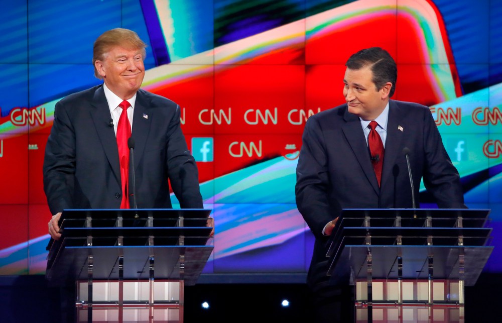 Republican presidential candidate Donald Trump smiles after rival candidate Ted Cruz advocated building a border wall and said Trump should pay for it, during the presidential debate in Las Vegas, Nev., Dec. 15, 2015. (Photo by Mike Blake/Reuters)