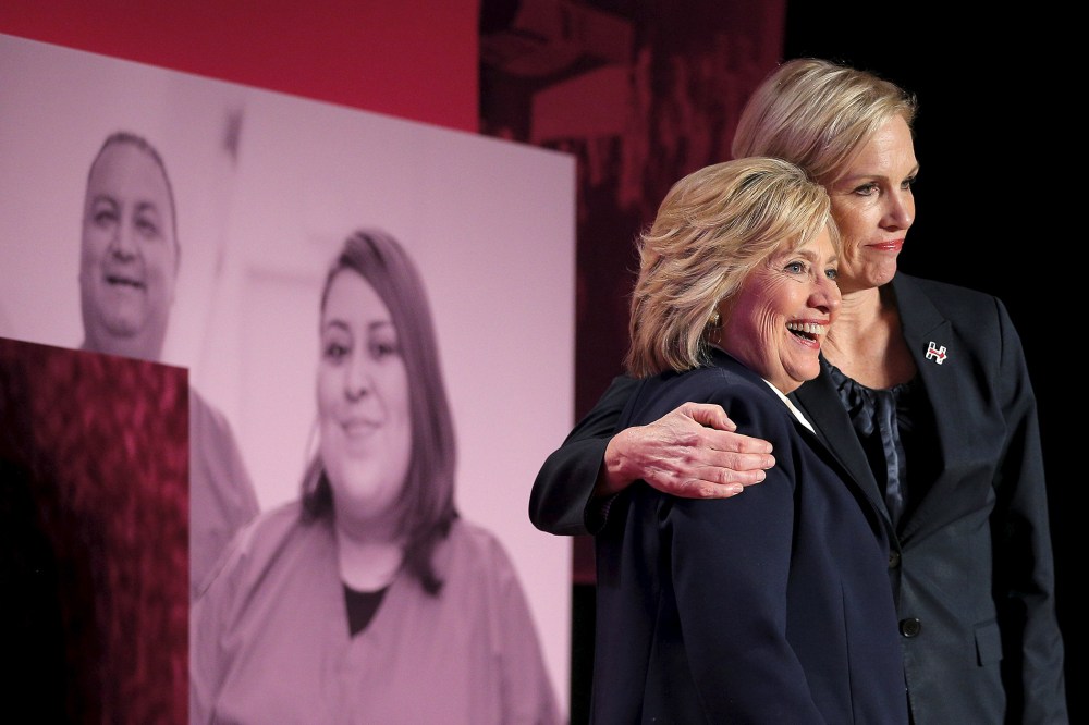 Planned Parenthood Action Fund President Cecile Richards hugs Democratic presidential candidate Hillary Clinton after Planned Parenthood Action Fund publicly endorsed Clinton in Hooksett, N.H., Jan. 10, 2016. (Photo by Brian Snyder/Reuters)