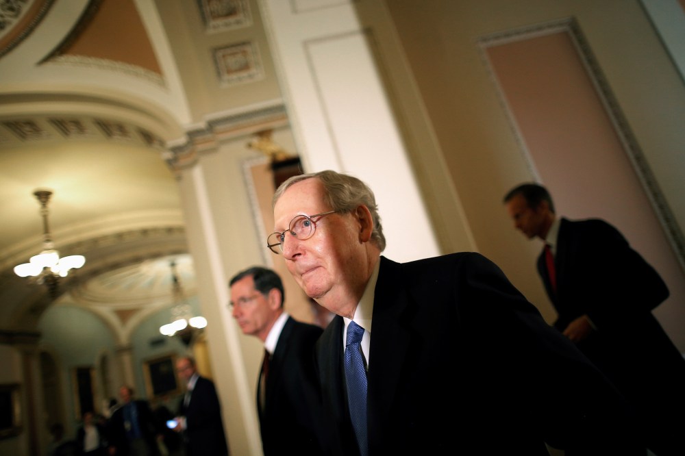 Senate Majority Leader Senator Mitch McConnell (R-KY) arrives to talk to the media after a weekly Senate Republican luncheon on Capitol Hill in Washington, May 10, 2016. (Photo by Carlos Barria/Reuters)