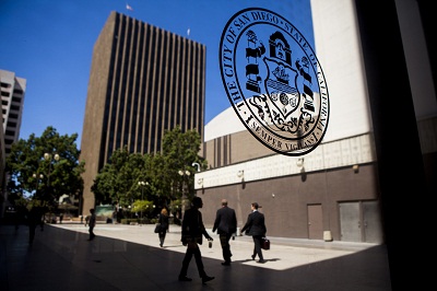 The seal of the city of San Diego adorns the entrance to the San Diego City Hall in San Diego, California July 30, 2013. (Photo by Sam Hodgson/Reuters)