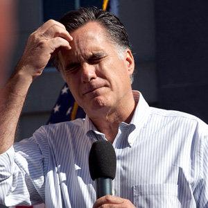 Where did I go to school again? Mitt Romney pausing during a campaign speech in Harrisburg, Pennsylvania on Thursday.