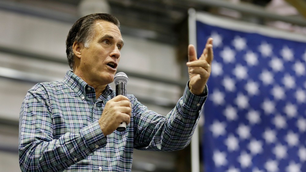Former Republican presidential candidate Mitt Romney speaks at a campaign rally on Nov. 3, 2014, in Anchorage Ala. (Ted S. Warren/AP)