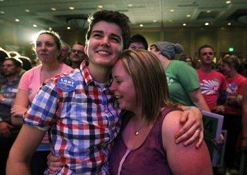 Whitney Young, left, embraces her partner Marlena Blonsky at an election watch party in Seattle on Tuesday for proponents of Referendum 74, which upheld Washington's new same-sex marriage law.