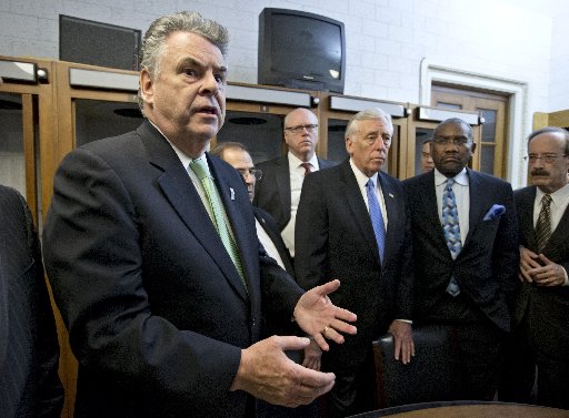 Rep. Peter King, R-N.Y., left, joined by other New York area-lawmakers, express their anger and disappointment after learning the House Republican leadership would not hold a vote on a super-storm Sandy aid bill. (AP Photo/J. Scott Applewhite)