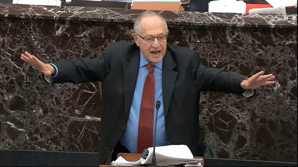 In this image from video, Alan Dershowitz, an attorney for President Donald Trump answers a question during the impeachment trial against Trump in the Senate at the U.S. Capitol in Washington, Wednesday, Jan. 29, 2020.