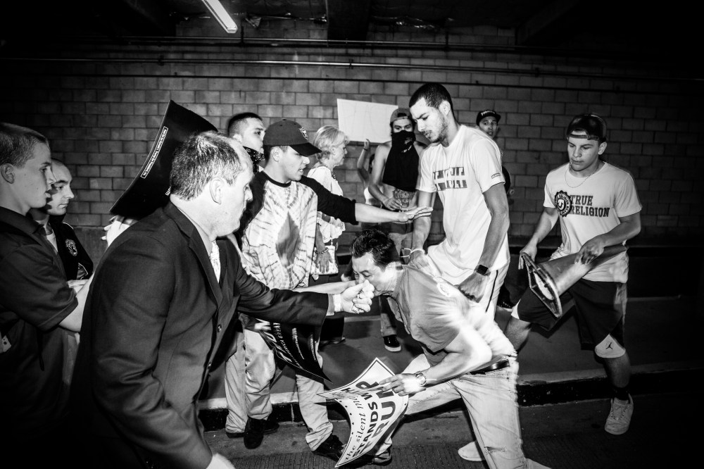 Donald Trump protesters and supporters clash inside a parking lot near Trump's election rally in San Jose, Calif., June 2, 2016. (Photo by Mark Peterson/Redux for MSNBC)