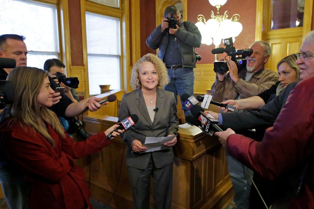 Former Utah lawmaker Jackie Biskupski speaks with reporters after she was elected Salt Lake City's first openly gay mayor, Nov. 17, 2015, in Salt Lake City. (Photo by Rick Bowmer/AP)