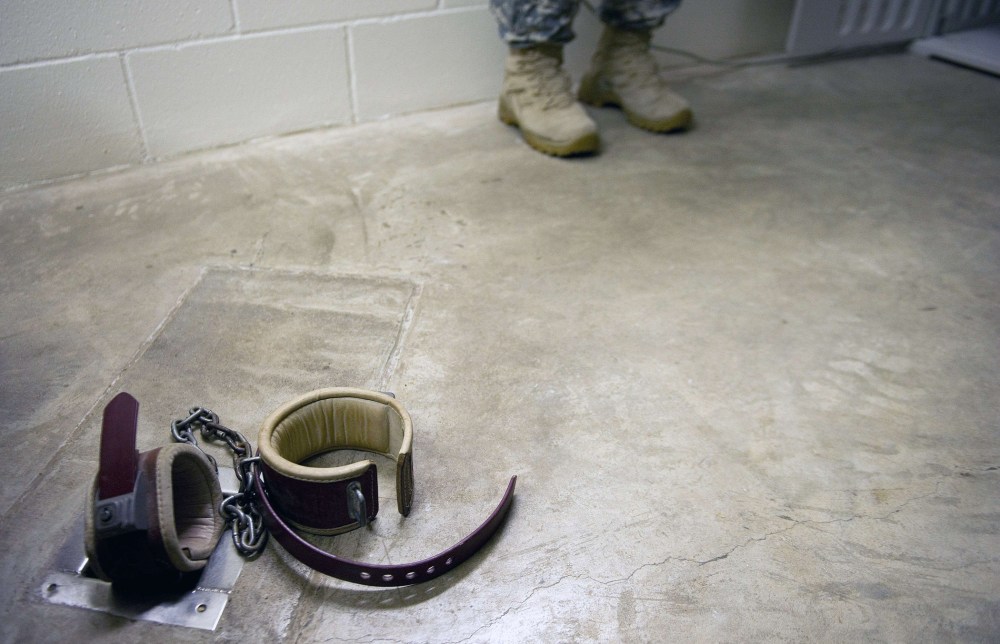 The floor shackles within the solitary recreation room in Cell Block C in the "Camp Five" detention facility of the Joint Detention Group at the US Naval Station in Guantanamo Bay, Cuba. (January 19, 2012 file photo)