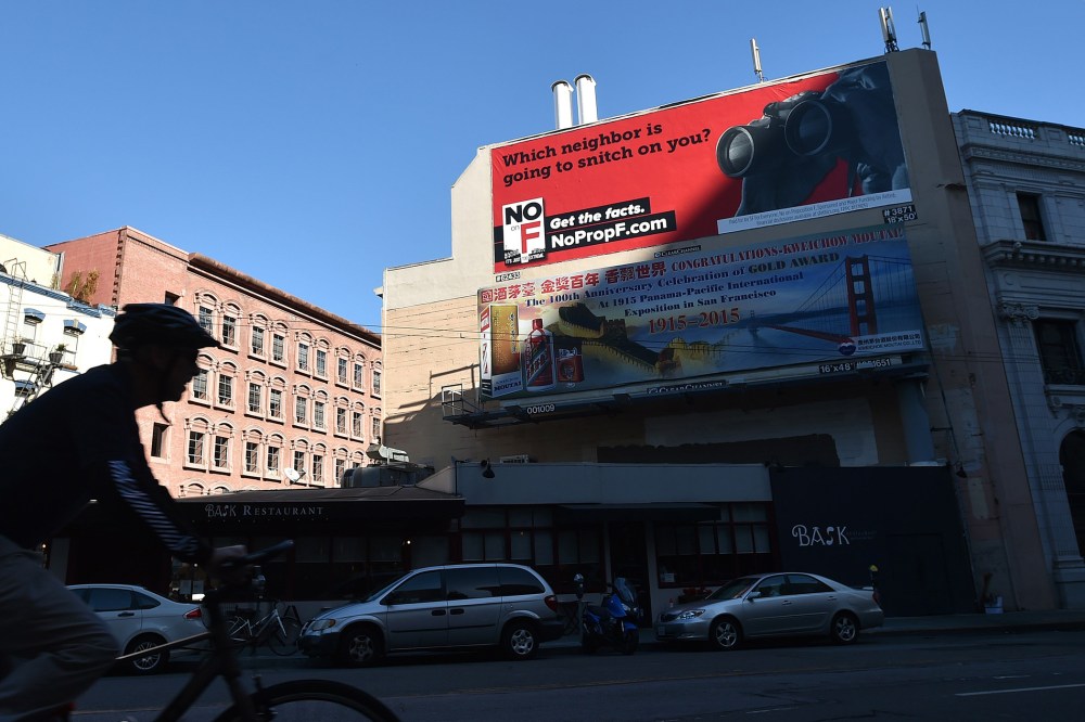 A billboard funded by Airbnb shows opposition to Proposition F in downtown San Francisco, Calif., on Nov. 3, 2015. (Photo by Josh Edelson/AFP/Getty)