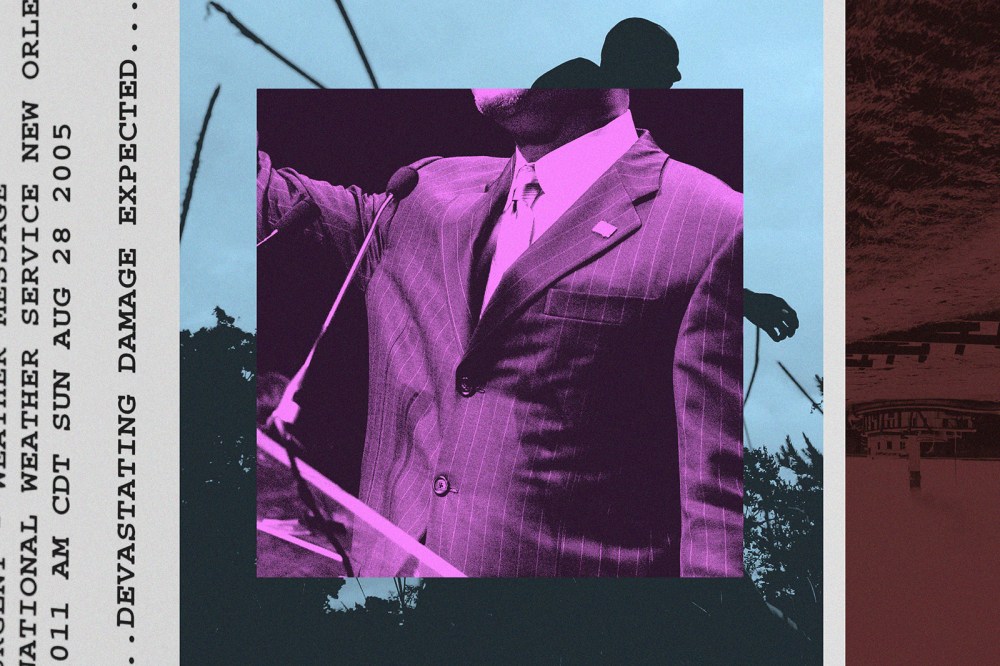 Photo collage of a man standing at a microphone alongside text that reads "devastating damage expected"