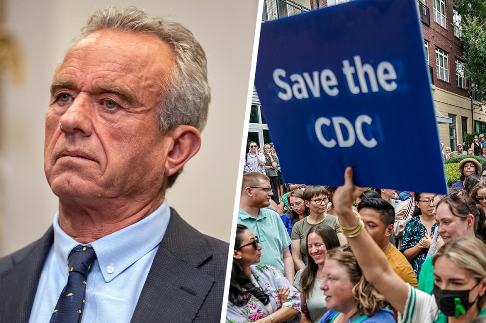 A split composite of Robert F. Kennedy Jr. and signage of the CDC.