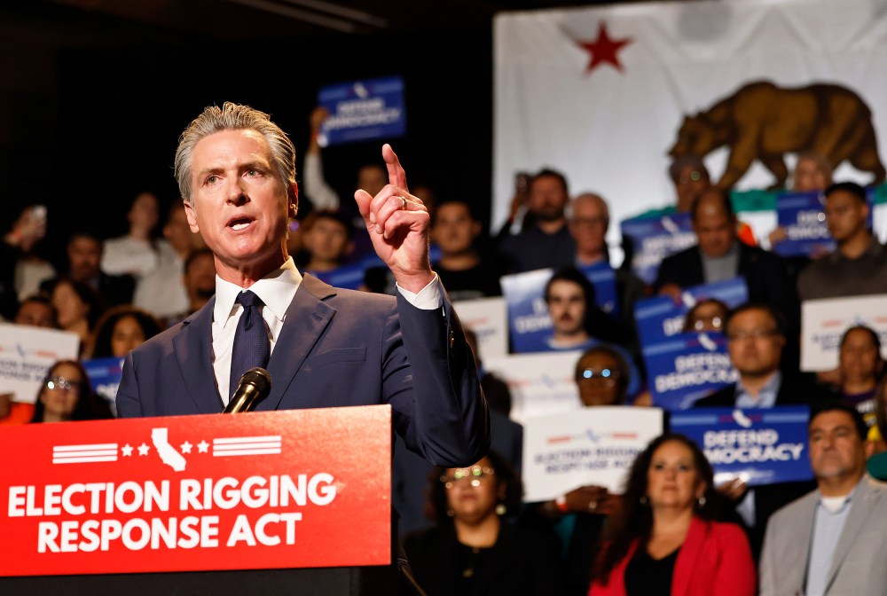 California Governor Gavin Newsom speaks about the “Election Rigging Response Act”  in Los Angeles.