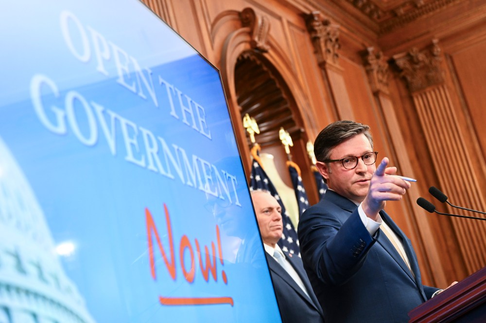 Mike Johnson during a press conference on Capitol Hill.